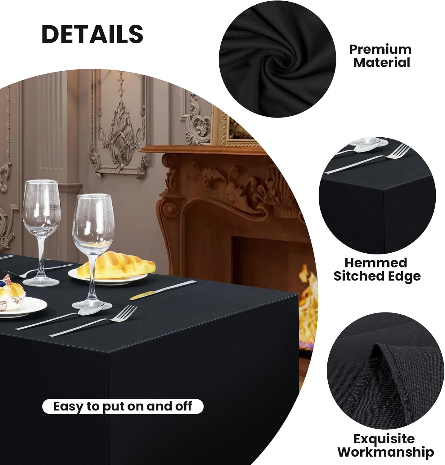 Black Fitted Rectangular Polyester Tablecloth